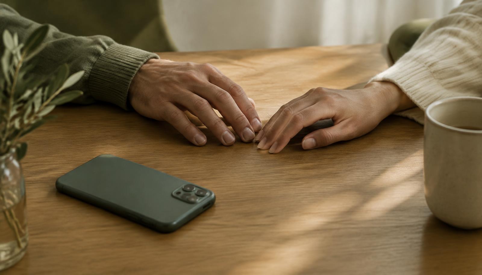 Ahşap masa üzerinde birbirine yaklaşan iki el ve ters çevrilmiş telefon